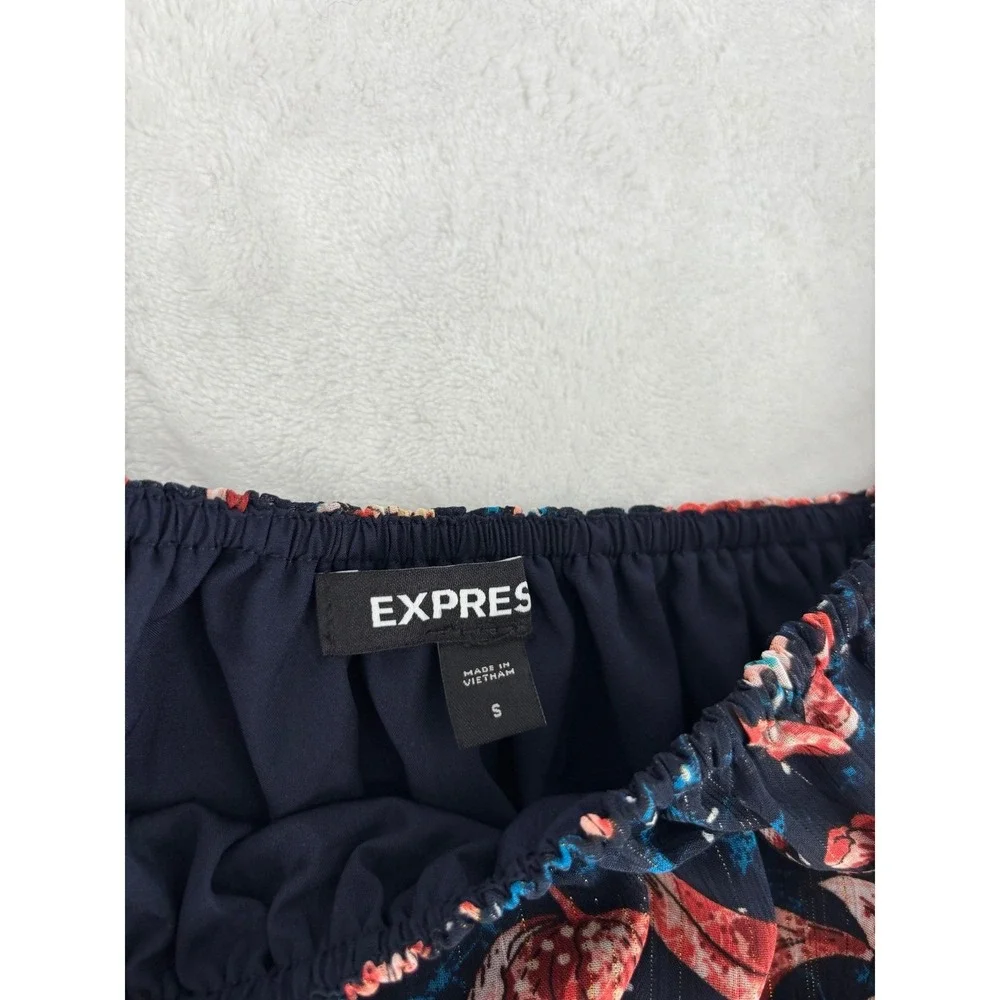 Express 2 Piece Set Womens S/XS Navy Floral Smocked Crop Top Tiered Skirt Boho‎